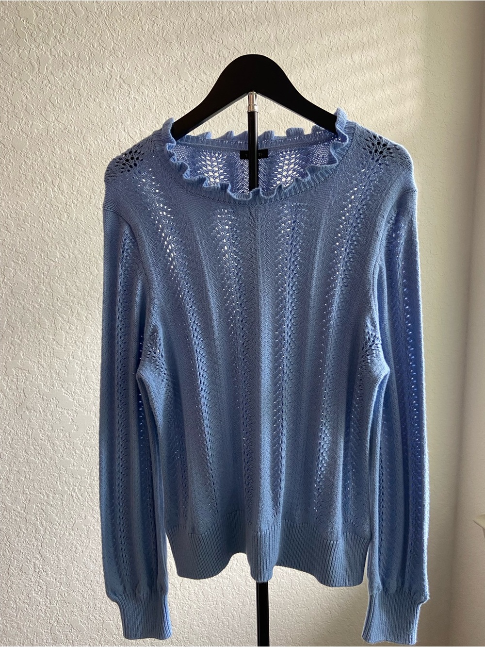 Talbots Sky Blue Ruffle-Neck Openwork Knit Sweater